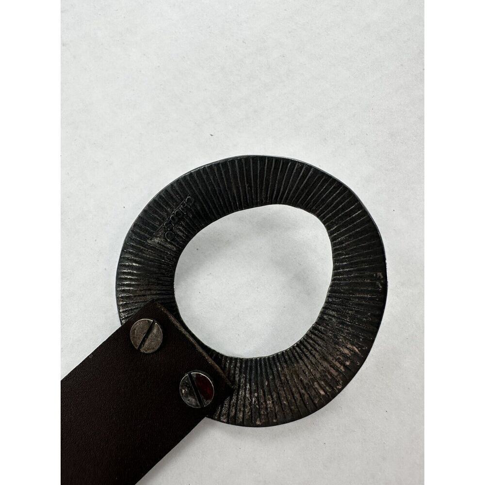 Chico's Belt Adjustable Brown Leather Hook Silver Gold Tone Big Buckle Statement - Picture 11 of 13